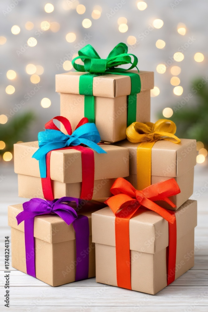 Obraz premium Stacking colorful gift boxes with festive lights bokeh