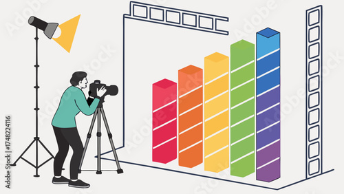 A person taking a photo of growing colorful bar graphs in a studio setting.
