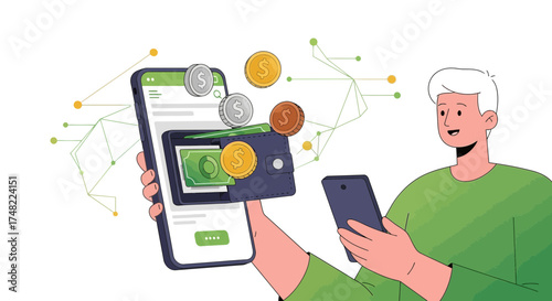 Illustration depicting a man using mobile banking and finance applications on smartphones