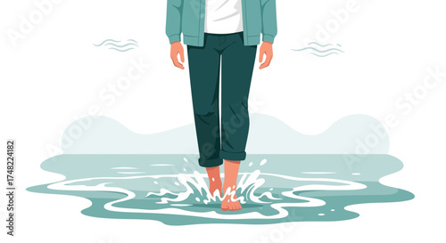 Illustration depicting a person walking barefoot in shallow water enjoying the tranquility