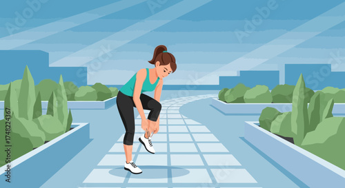 Illustration depicting a woman tying her shoelaces before exercising outdoors in the city park