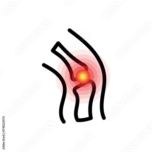Vector icon of joint pain. Knee pain medical symbol. Healthcare and anatomy concept isolated on white background.