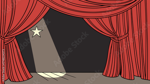 A spotlight with a star shape on a stage with red curtains.