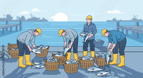 Illustration depicting dockworkers sorting a bountiful catch of fish into woven baskets