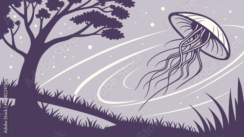 A whimsical illustration of a jellyfish floating near a tree.