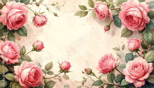 Elegant Pink Rose Floral Frame Border on Cream Background