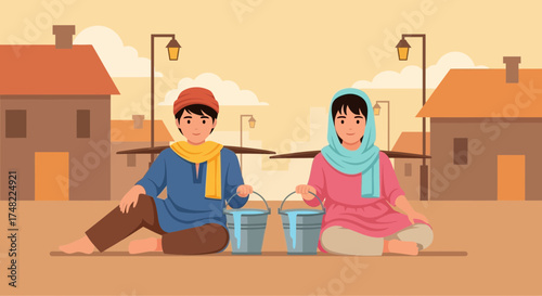 Illustration depicting rural life with children carrying water in a traditional village setting