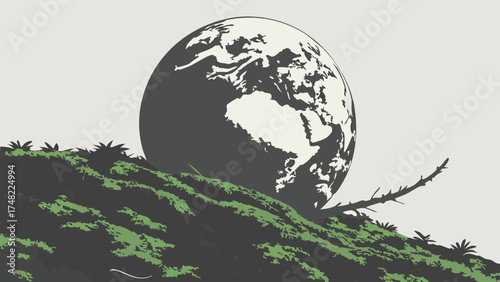 Abstract Earth Icon on a Grassy Hill Illustration.
