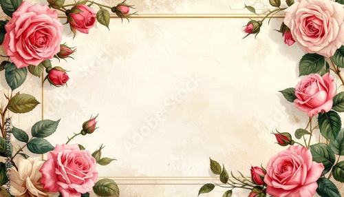 Elegant Pink Rose Floral Frame Border on Cream Background