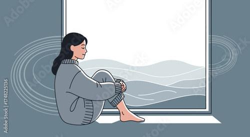 Illustration depicting solitude and introspection with a woman by the window contemplating nature