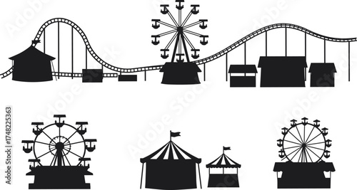 Amusement park and carnival silhouette illustration, ferris wheel and roller coaster vector design, circus tent and fairground ride black and white entertainment background art