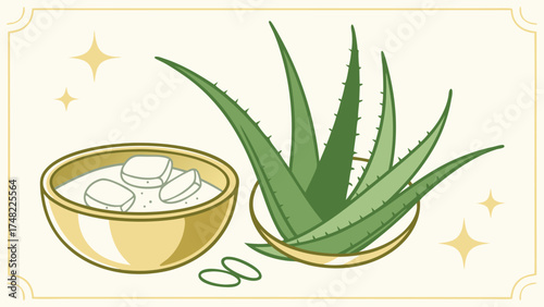 Aloe Vera Illustration with Bowl and Ice.