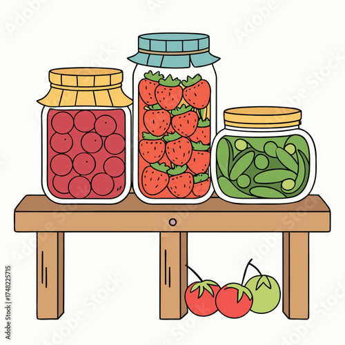 Vector art of three jars of preserved food, including strawberries, cherries, and pickles