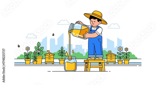 Illustration of a beekeeper pouring honey into a jar with beehives and plants