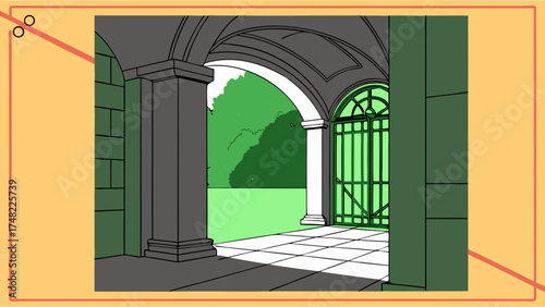 Arched Gateway to a Green Garden Architectural Illustration.