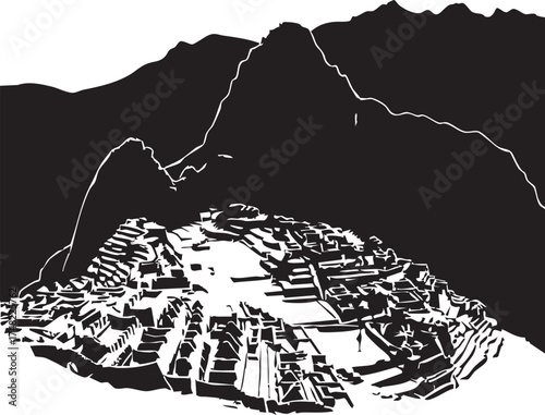 Machu Picchu Ruins Silhouettes Vector Minimal Design Andes Mountains Landmark