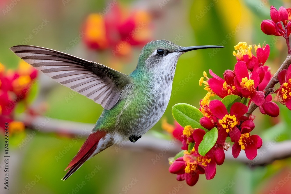 Fototapeta premium Hummingbird hovering near red flowers collecting nectar