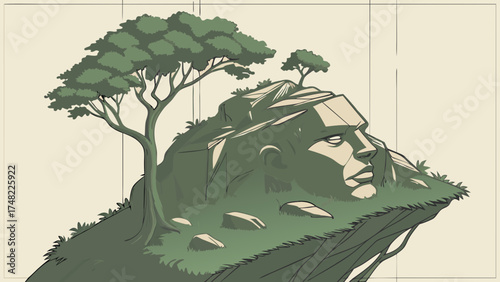 Artistic illustration of a stone head integrated with nature.