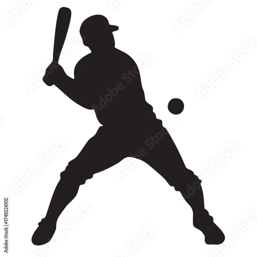 Black vector silhouette of a baseball player in action, illustrating the sport and game