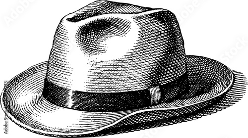 Retro black and white illustration of a classic fedora hat, vintage fashion. Vector illustration in sketch style