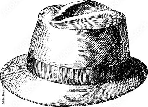 Fedora hat in classic antique style. Black and White Outline Line Art Drawing with Detailed Design