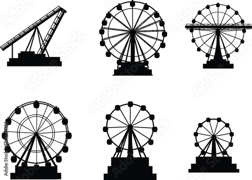 Amusement park ride silhouettes, Ferris wheels and crane ride vector set, black and white icons, minimal design, entertainment structures, carnival attraction graphic pack