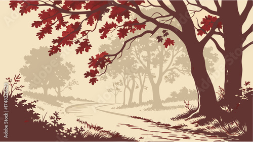 Autumnal Path Through a Forest Decorative Illustration.