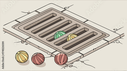 Balls near a drain illustration of a cartoon-like graphic.
