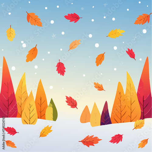 A transitional season wallpaper with colorful fall leaves scattered across a snow