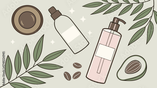 Botanical Skincare Illustration with Avocado Coffee Beans and Cosmetic Bottles.