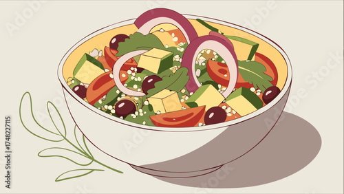 Bowl of colorful and healthy vegetarian salad illustration.