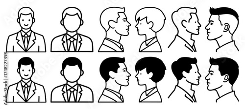 Man Profile Icon Set, Flat Line Vector Silhouette Collection, Minimalist Professional Design on Transparent Background