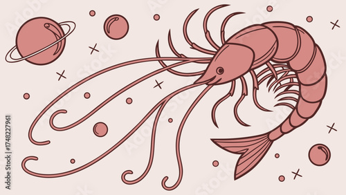 Cartoon Shrimp in Space with Planets and Crosses Illustration.