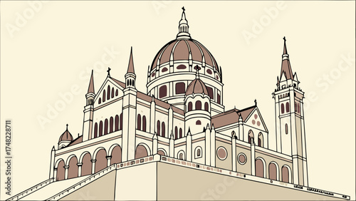 A Detailed Vector Illustration of a Large Architectural Structure with Domes Towers and Arches.
