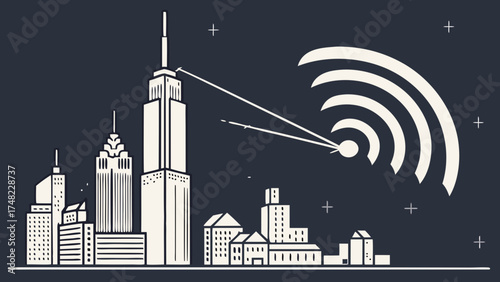 A digital illustration of a city skyline with antenna waves.