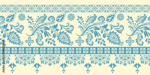 floral pattern vintage ethnic modern embroidery texture boho design vector illustration hand drawn pink flower motif branches leaves wallpaper seamless background border.	
