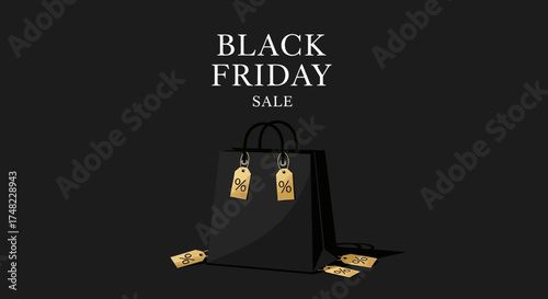 Elegant Black Friday Shopping Bag with Golden Percentage Tag Illustration