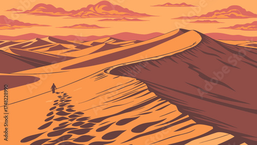 A persons trek across the sandy desert dunes under a warm sky.