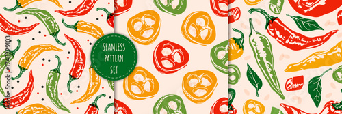 Hot pepper pattern set. Seamless print of spicy paprika vegetables, cartoon chili cayenne jalapeno organic plants, vintage garden food backgrounds. Vector texture collection