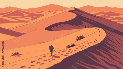 A solitary trek through the desert landscape featuring a person on a vast dune.