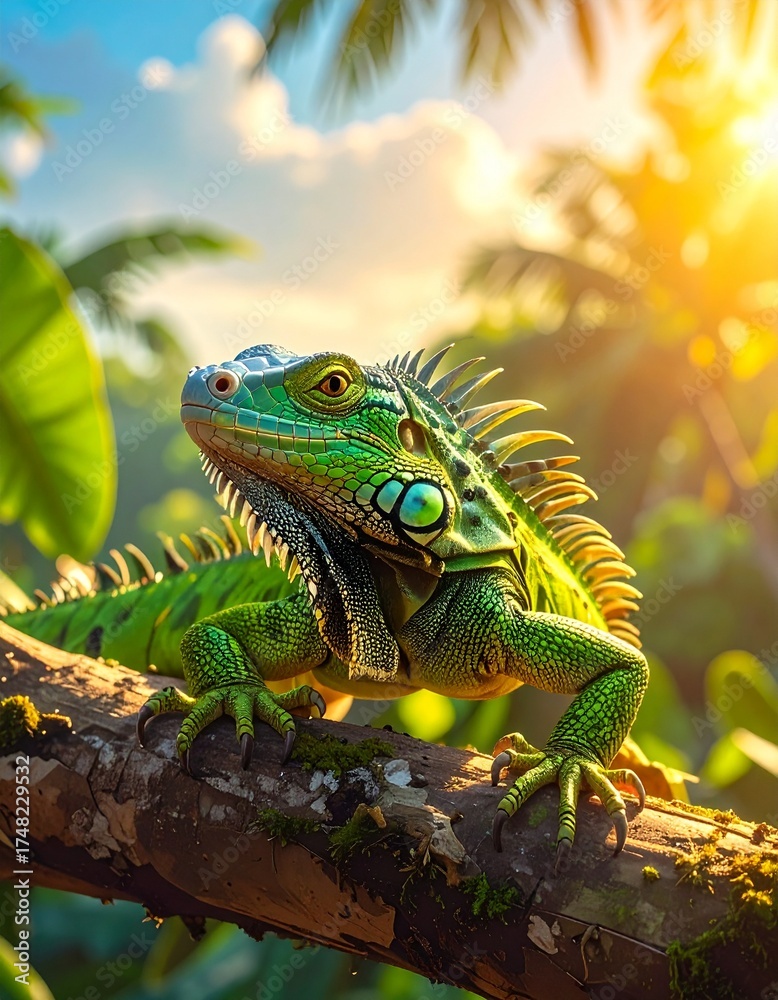 Fototapeta premium Close-up of a vibrant green iguana basking on a tropical branch with sunlight highlighting its textured scales. Perfect for wildlife and nature themes.