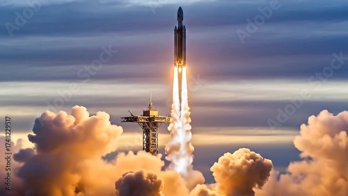 Powerful rocket launching through dramatic clouds