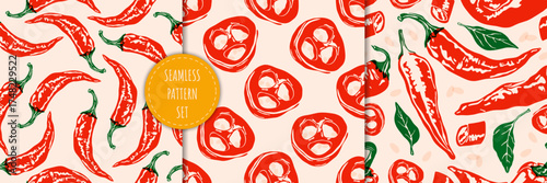 Pepper pattern set. Seamless print hot chili peppers, abstract  chili, bell, jalapeno and cayenne vegetables, food backgrounds for fabric, wrapping paper. Vector texture collection