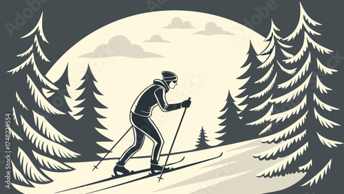 Cross-country Skier in Winter Landscape Illustration.