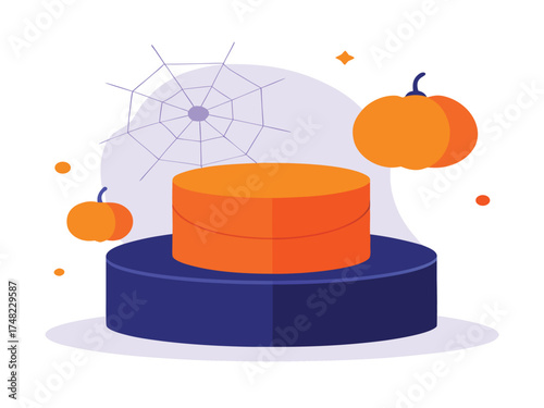 Vector art of halloween product display with pumpkins and spiderweb