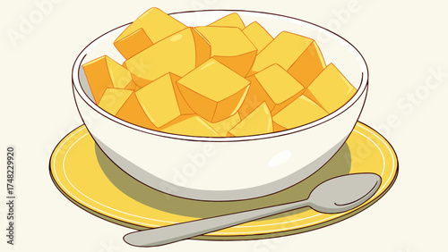 Cubed Tropical Fruit in a Bowl with a Spoon.