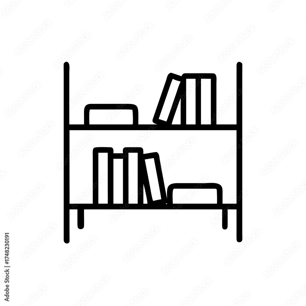 Fototapeta premium Minimalist bookshelf illustration featuring various books and decorative items, showcasing a clean design with ample space for text and creative ideas
