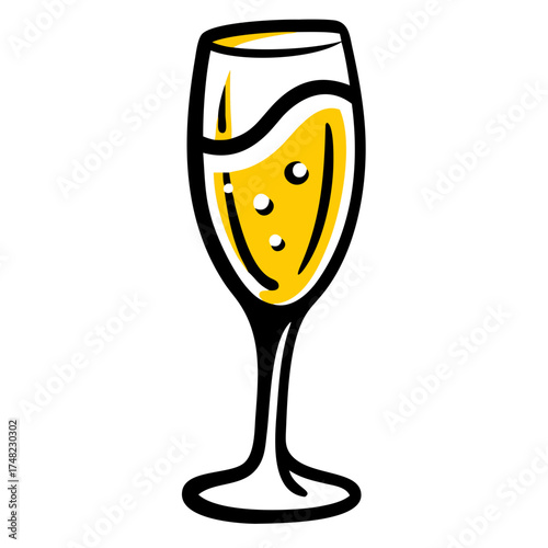 Champagne glass illustration filled with sparkling golden beverage, featuring bubbles and a sleek design, perfect for celebrations and festive occasions, conveying joy and elegance