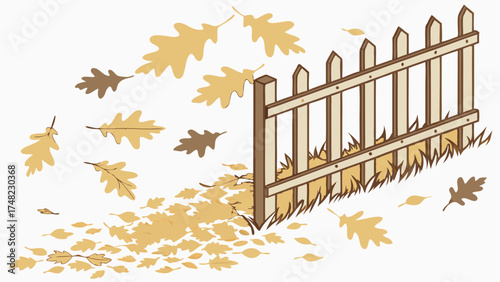 Autumnal Scene with Fallen Leaves and Fence.