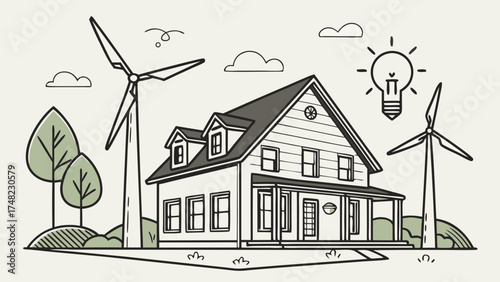 Eco-Friendly Home with Wind Turbines and Lightbulb Icon.